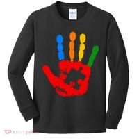 Autism Awareness Painted Hand Puzzle Piece Kids Long Sleeve Shirt thumb 0
