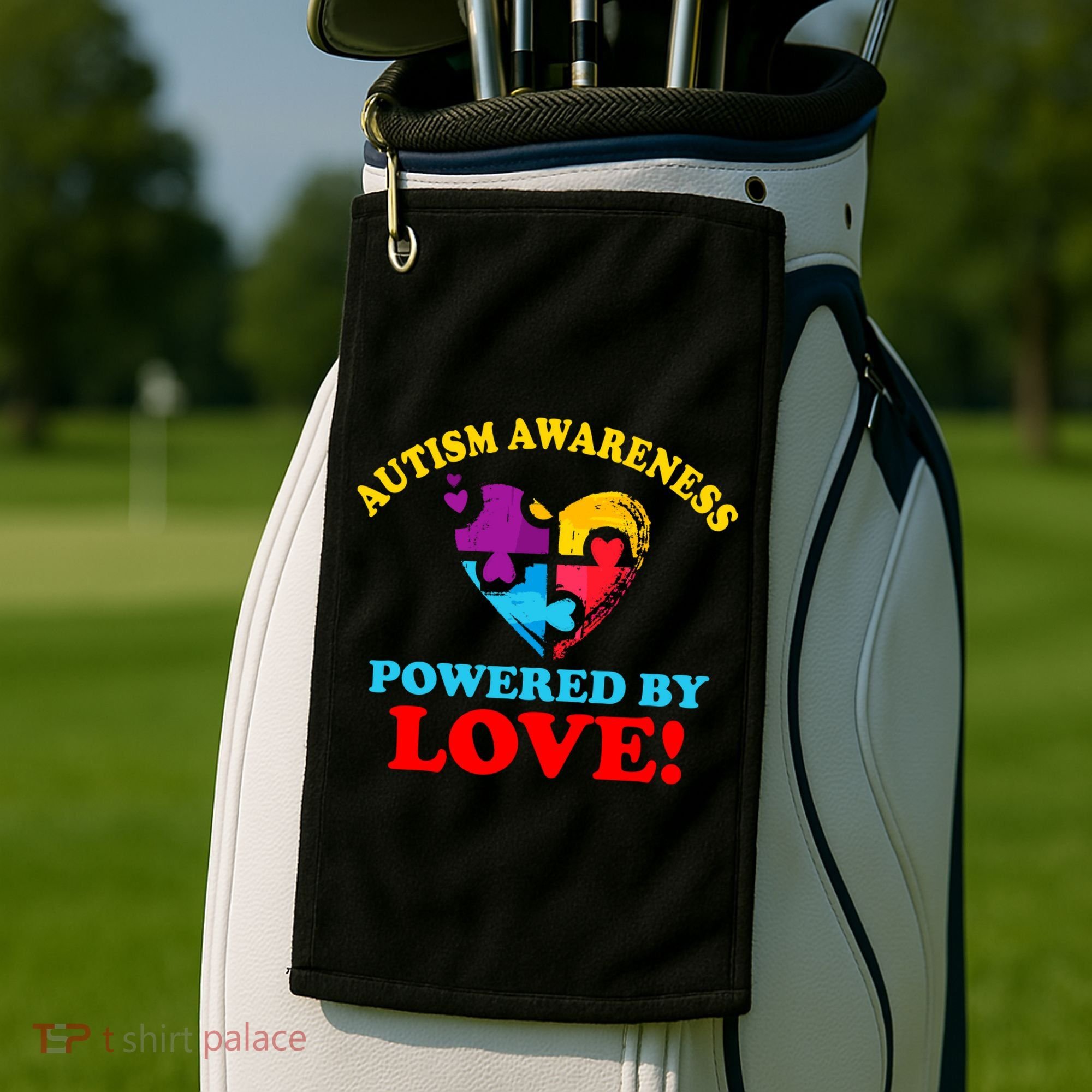 Autism Awareness Powered By Love Puzzle Heart Golf Towel