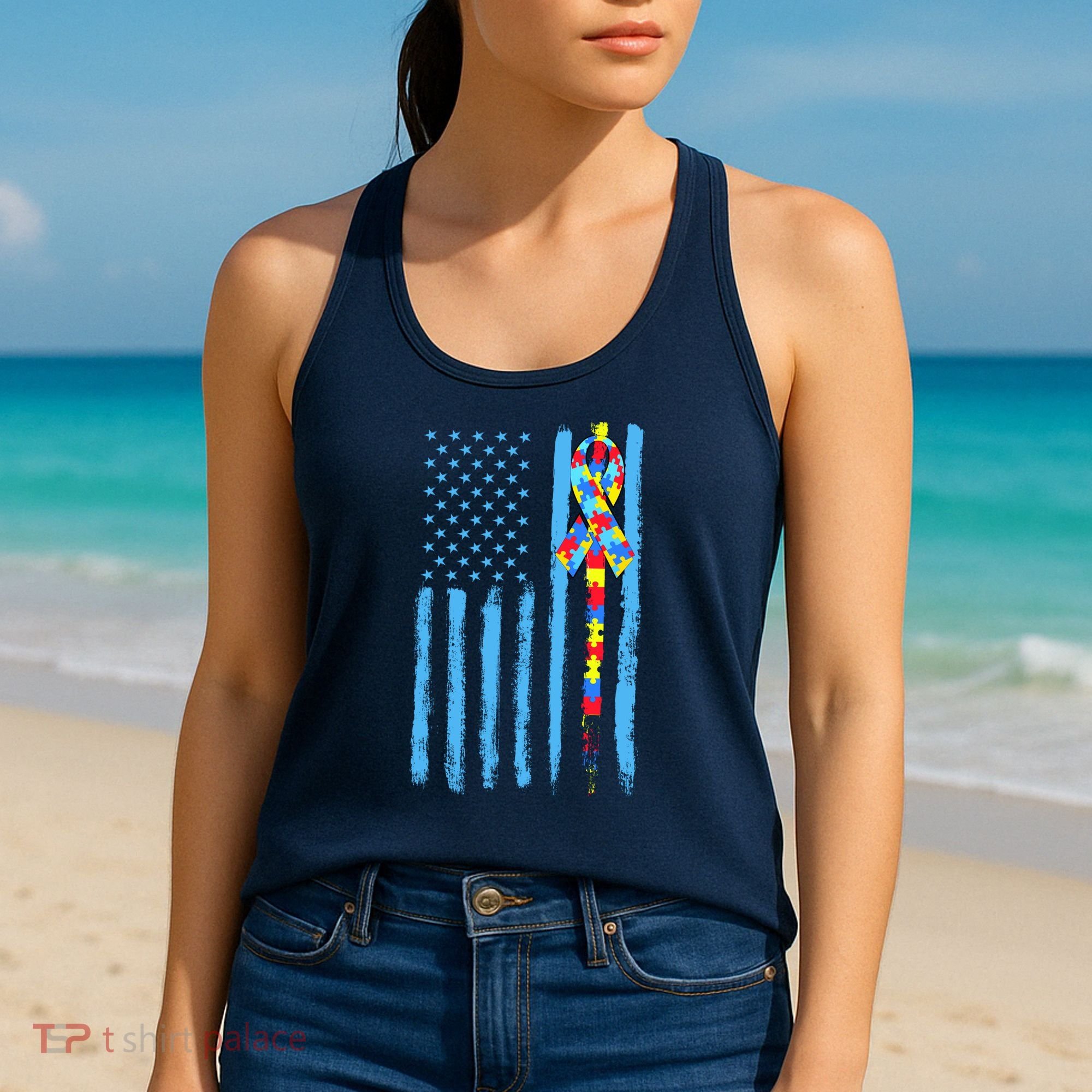 Autism Awareness Puzzle American Flag Women's Tank Top