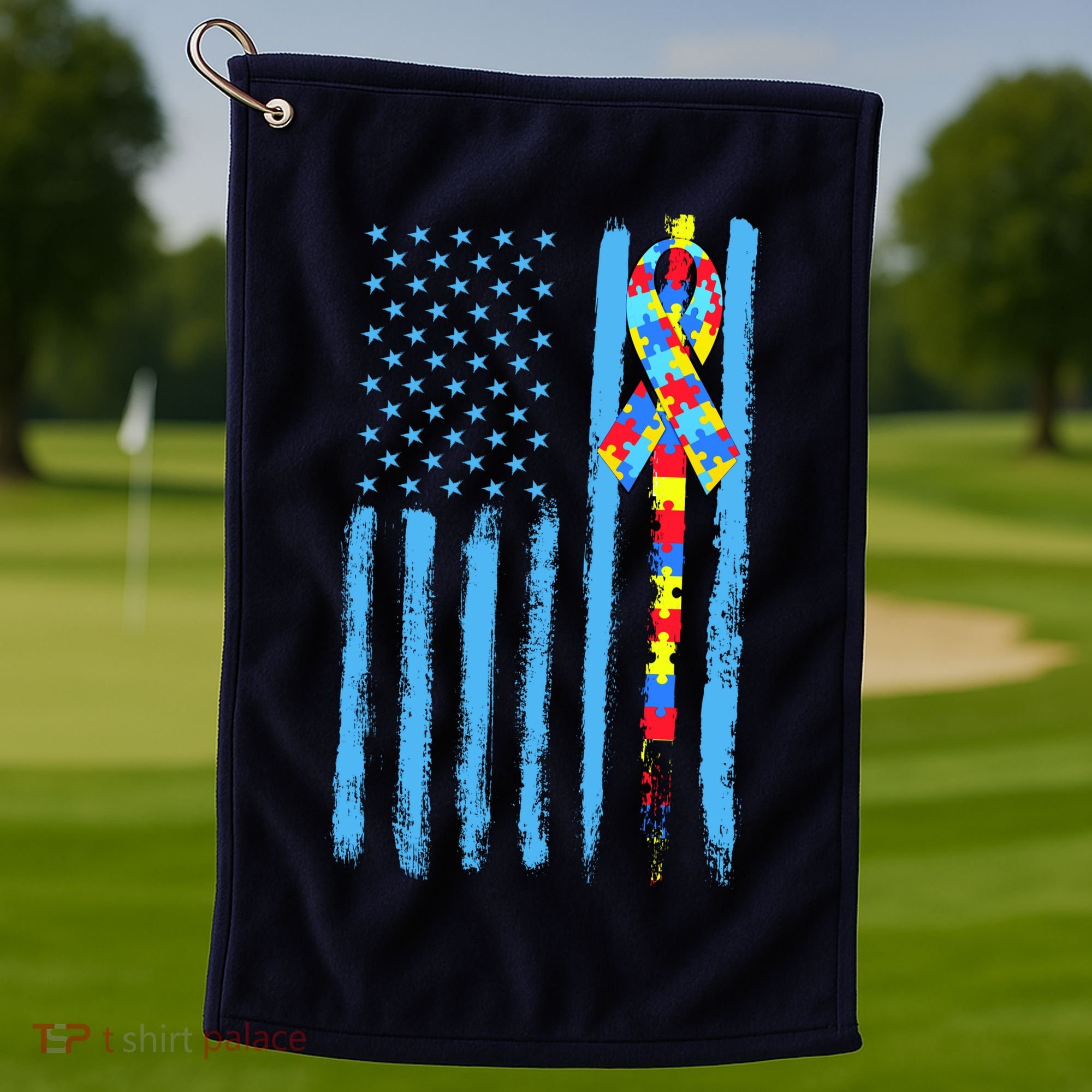 Autism Awareness Puzzle American Flag Golf Towel