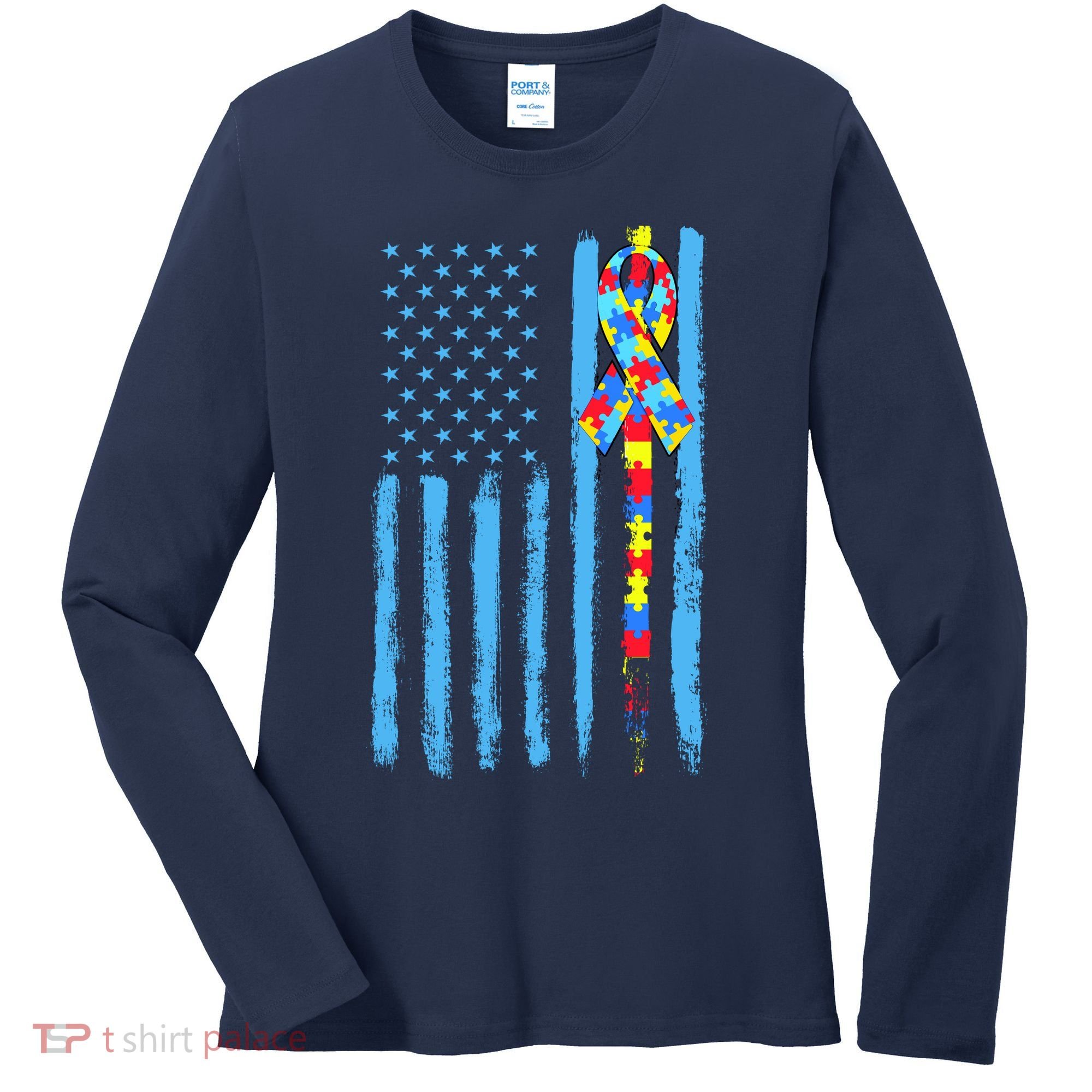 Autism Awareness Puzzle American Flag Women's Long Sleeve Shirt