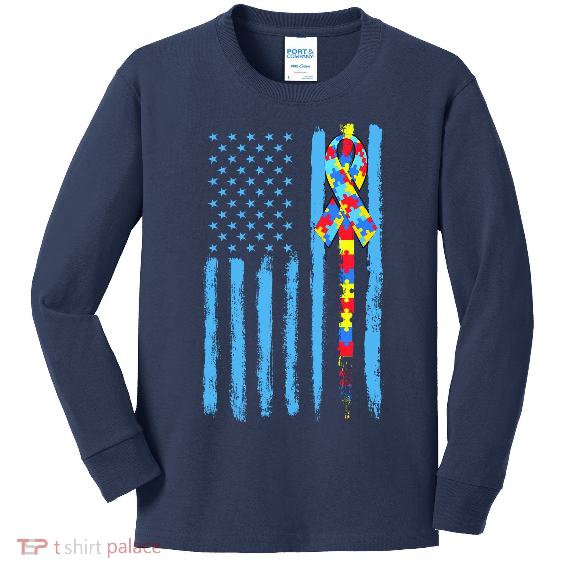 Autism Awareness Puzzle American Flag Kids Long Sleeve Shirt