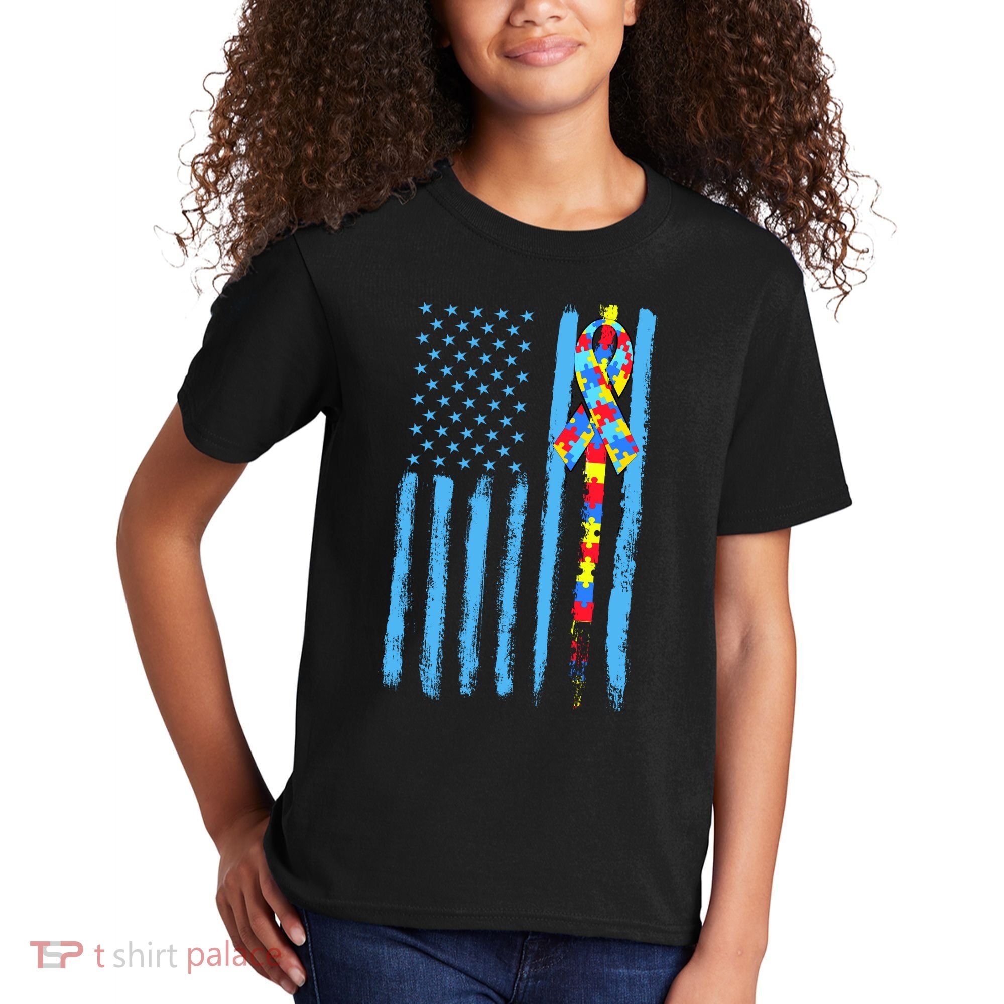 Autism Awareness Puzzle American Flag Kids T-Shirt