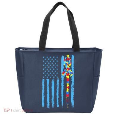 Autism Awareness Puzzle American Flag Tote Bag