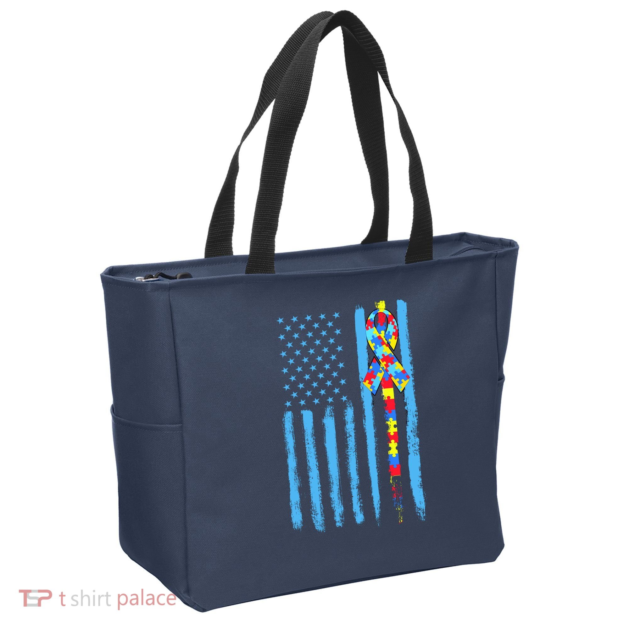 Autism Awareness Puzzle American Flag Tote Bag