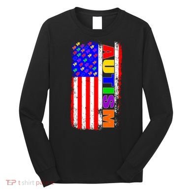 Autism Awareness USA Puzzle Rainbow Flag Long Sleeve Shirt