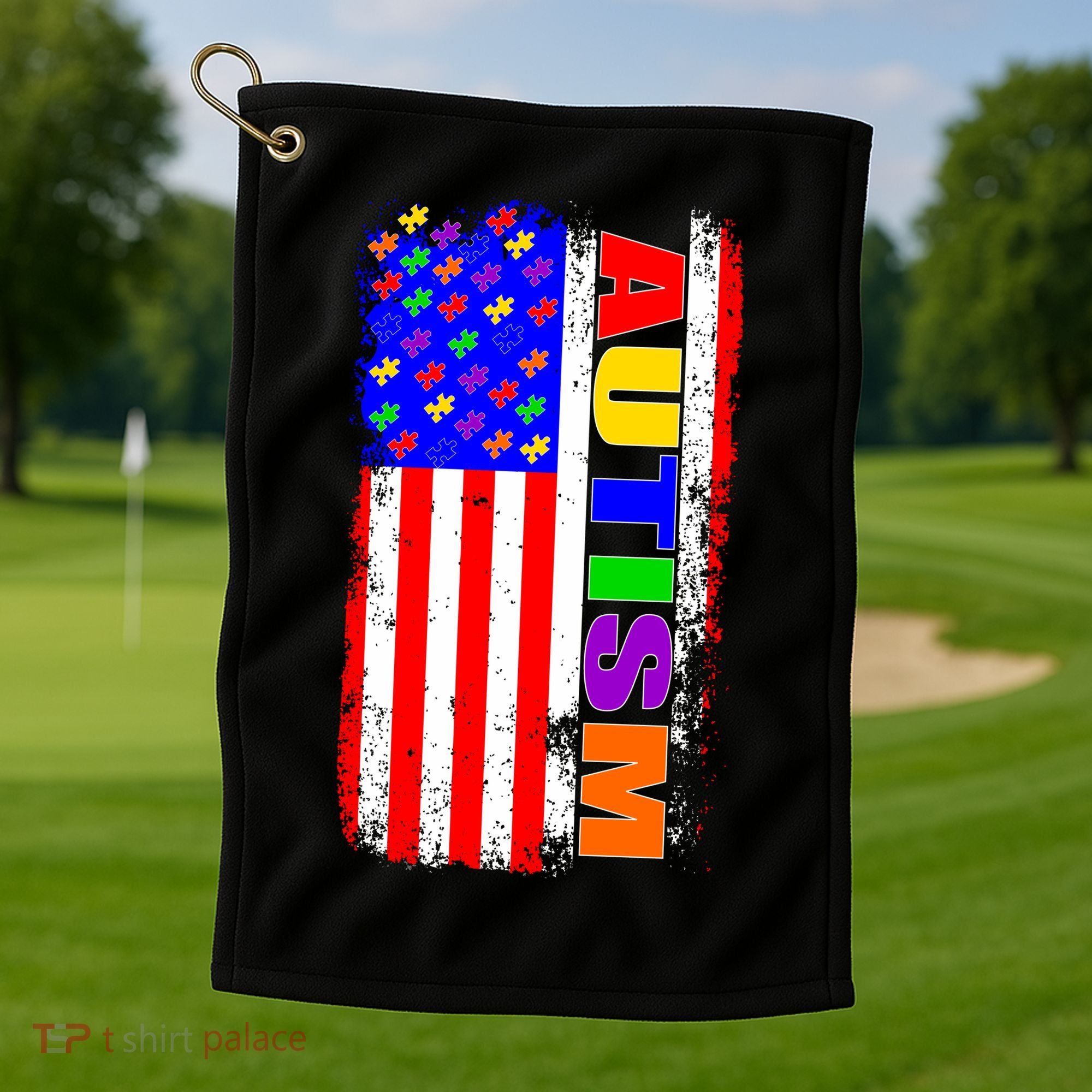 Autism Awareness USA Puzzle Rainbow Flag Golf Towel