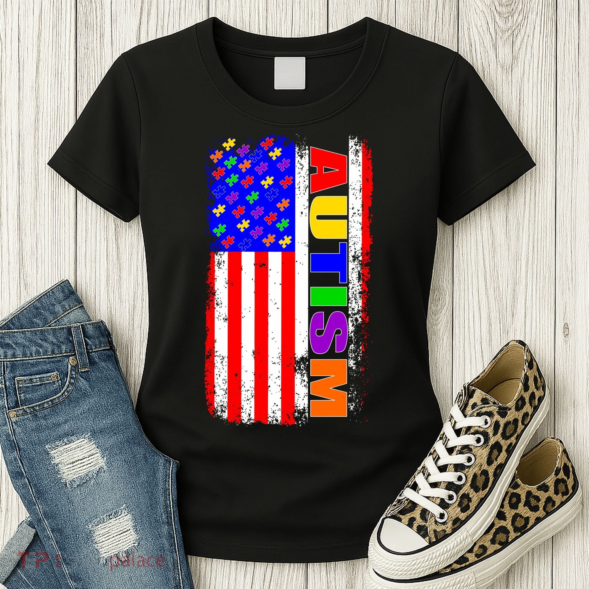Autism Awareness USA Puzzle Rainbow Flag Women's T-Shirt