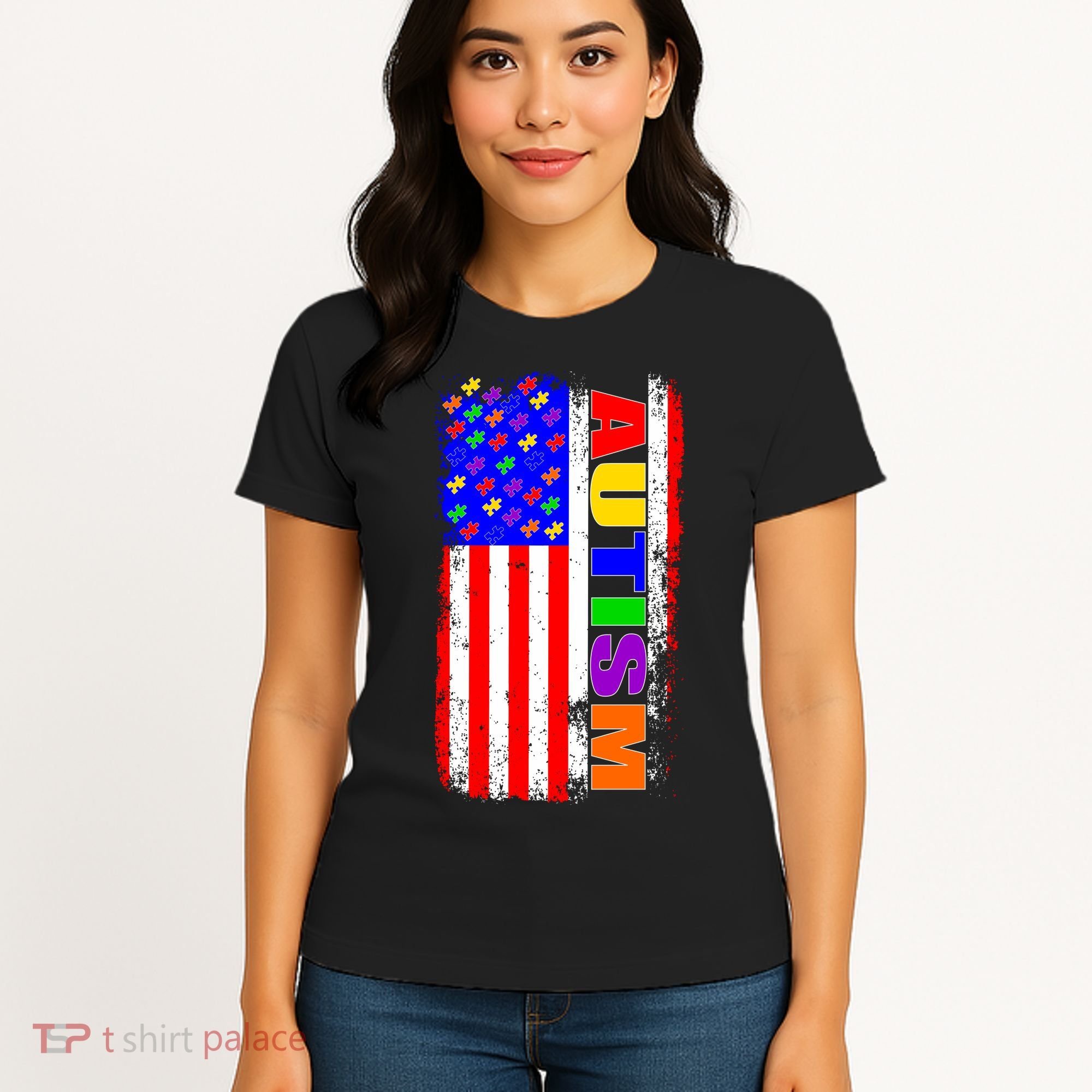 Autism Awareness USA Puzzle Rainbow Flag Women's T-Shirt