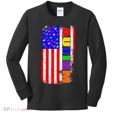 Autism Awareness USA Puzzle Rainbow Flag Kids Long Sleeve Shirt
