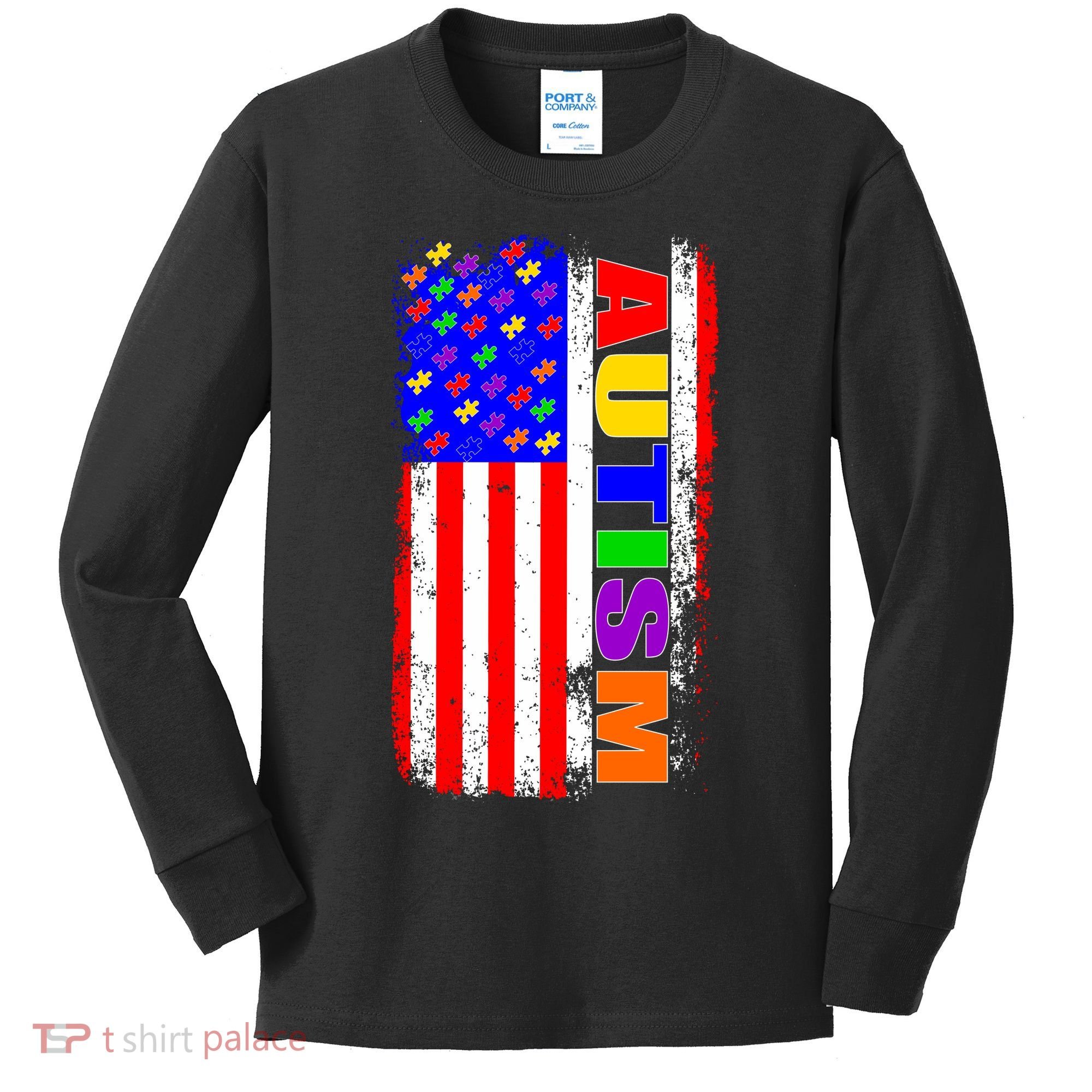 Autism Awareness USA Puzzle Rainbow Flag Kids Long Sleeve Shirt