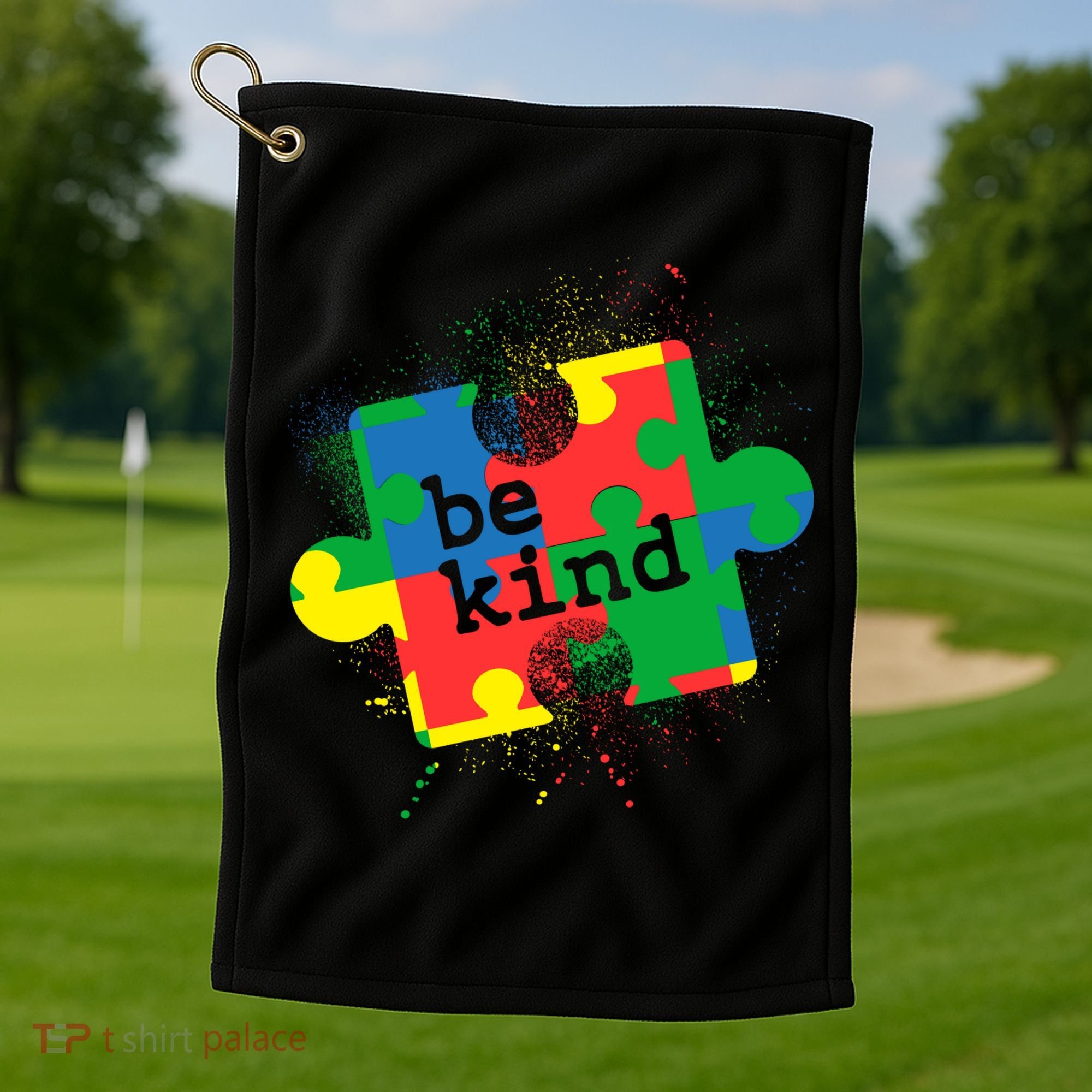 Autism Be Kind Puzzle Piece Splatter Golf Towel