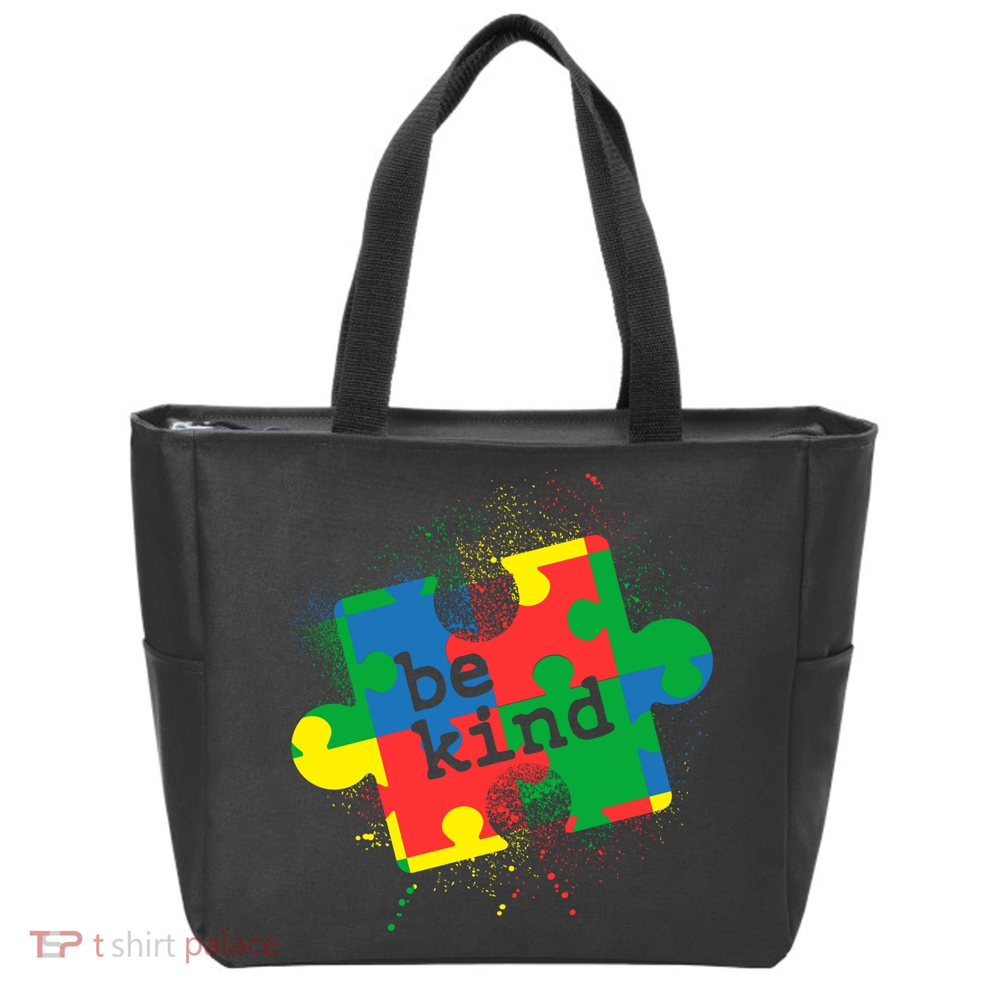 Autism Be Kind Puzzle Piece Splatter Tote Bag