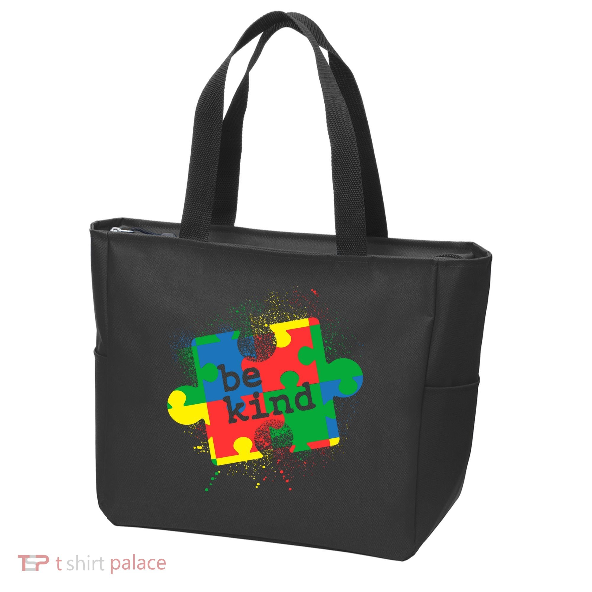 Autism Be Kind Puzzle Piece Splatter Tote Bag