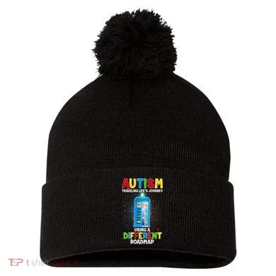 Autism Using a Different Road Map Pom Pom 12in Knit Beanie