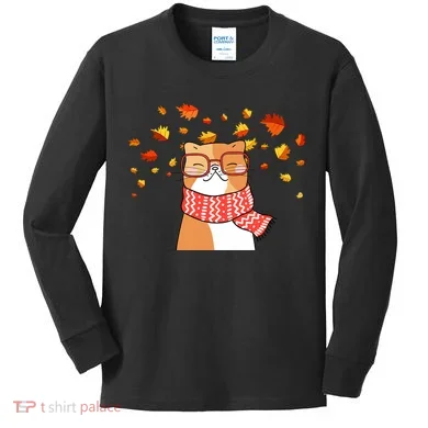 Autumn Cat Fall Season Kids Long Sleeve Shirt