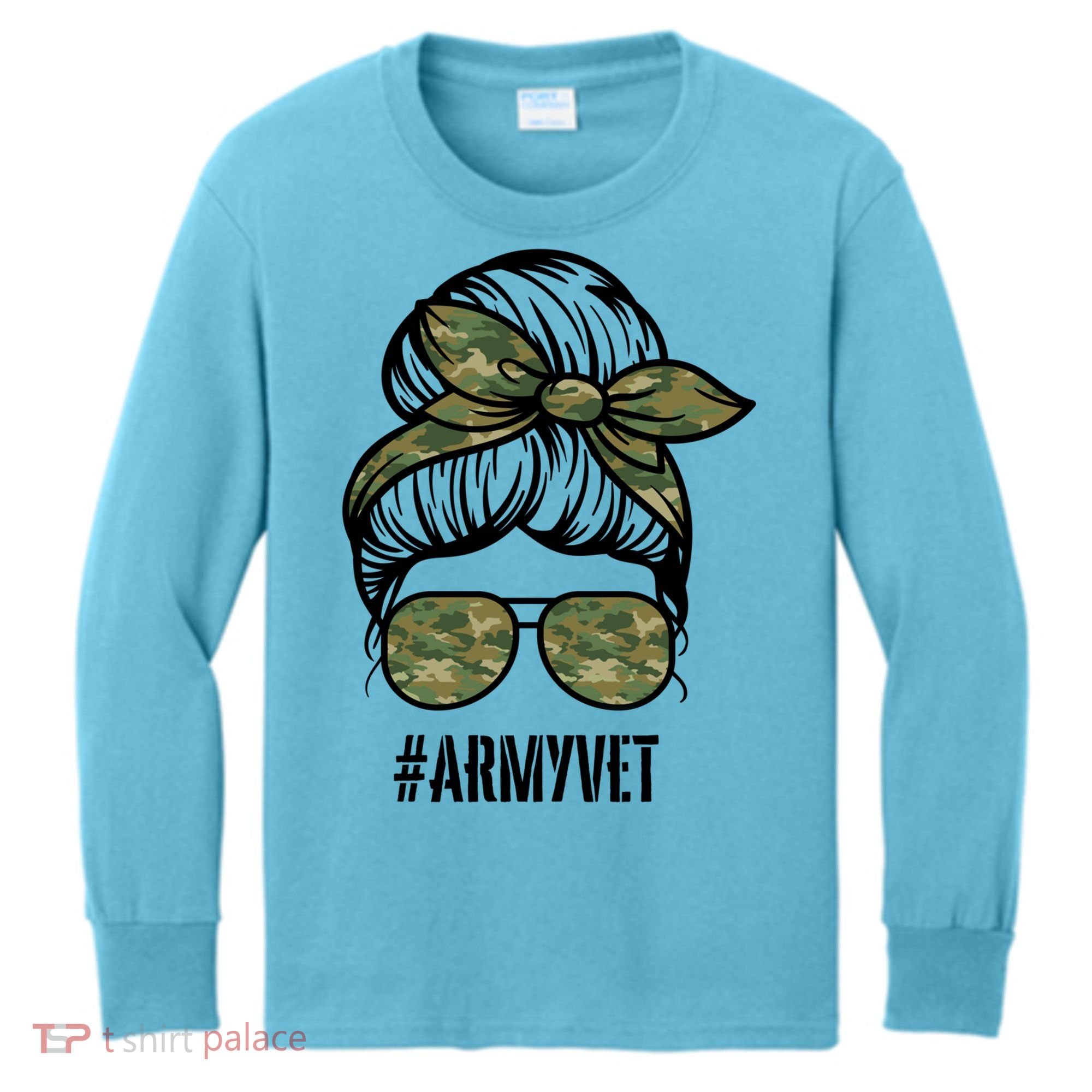 Army Vet Armyvet Messy Bun Camouflage 'S Veteran Gift Kids Long Sleeve Shirt