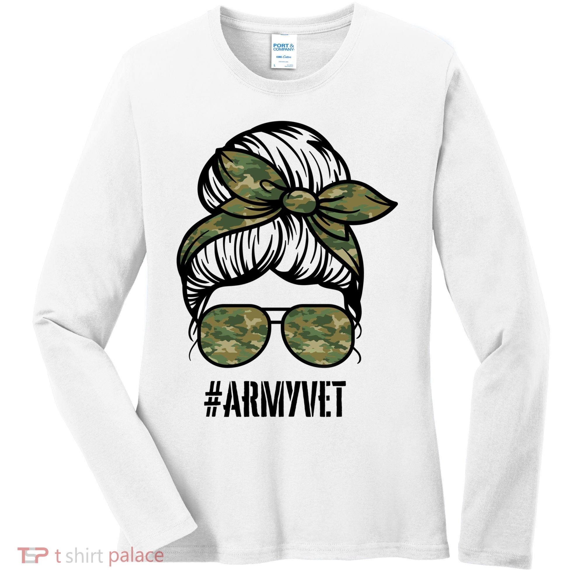Army Vet Armyvet Messy Bun Camouflage 'S Veteran Gift Women's Long Sleeve Shirt