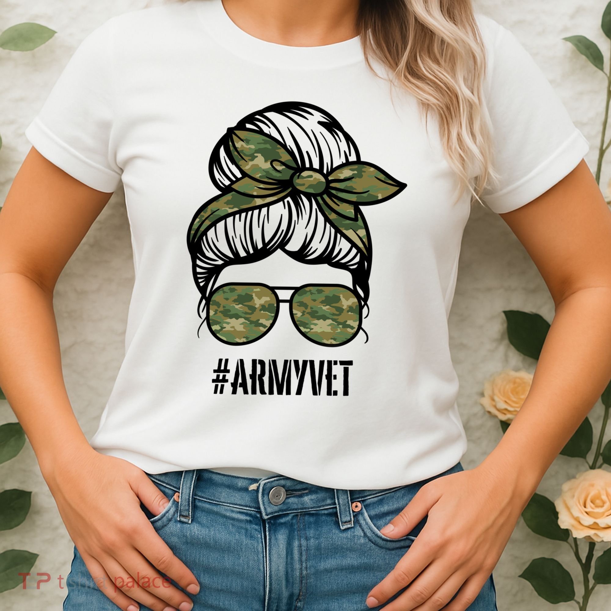 Army Vet Armyvet Messy Bun Camouflage 'S Veteran Gift Women's T-Shirt