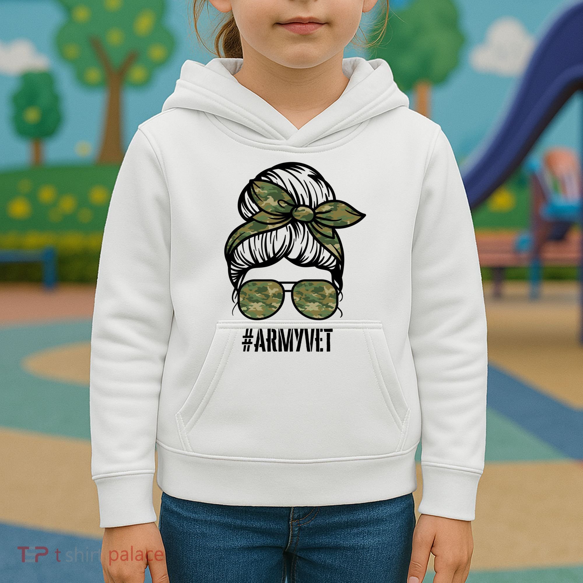 Army Vet Armyvet Messy Bun Camouflage 'S Veteran Gift Kids Hoodie