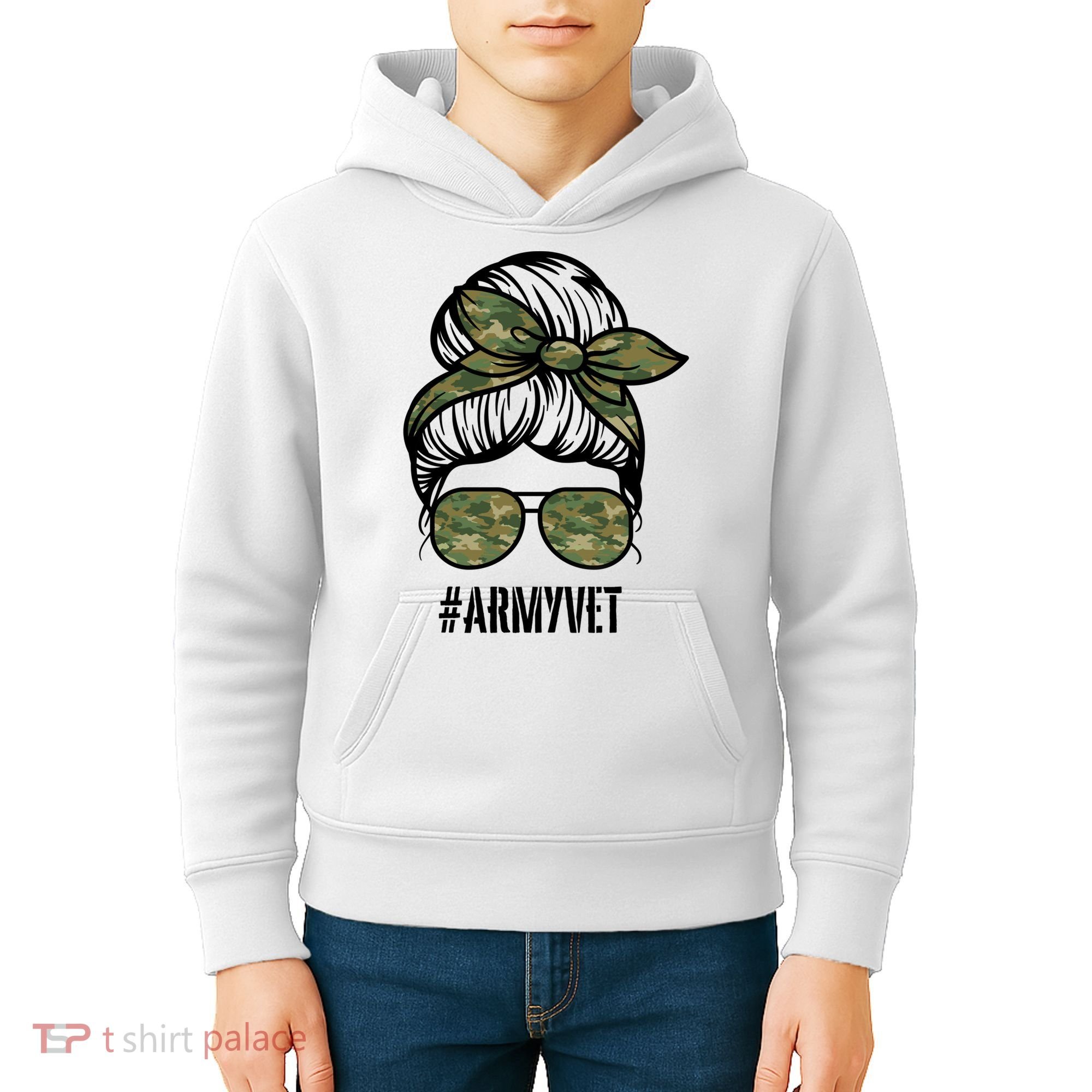Army Vet Armyvet Messy Bun Camouflage 'S Veteran Gift Kids Hoodie