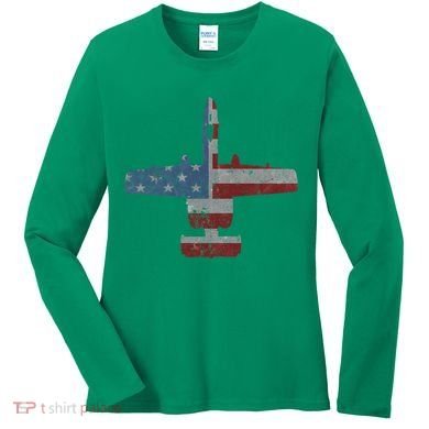 A10 Warthog Airplane American Flag Design Women's Long Sleeve Shirt