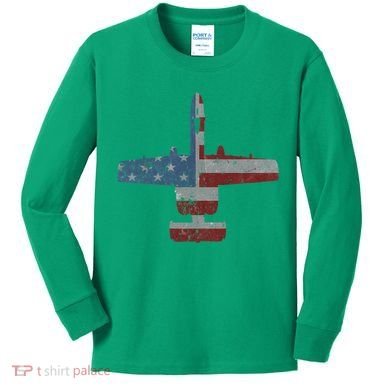 A10 Warthog Airplane American Flag Design Kids Long Sleeve Shirt