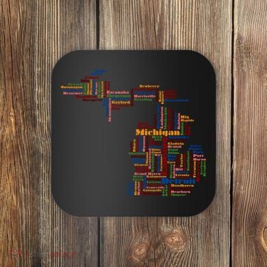 Abstract Word Cloud Map Of Michigan State Coaster