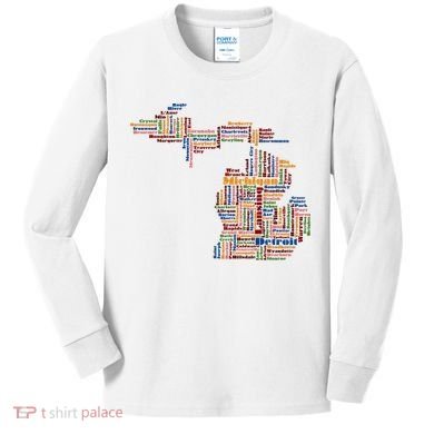 Abstract Word Cloud Map Of Michigan State Kids Long Sleeve Shirt