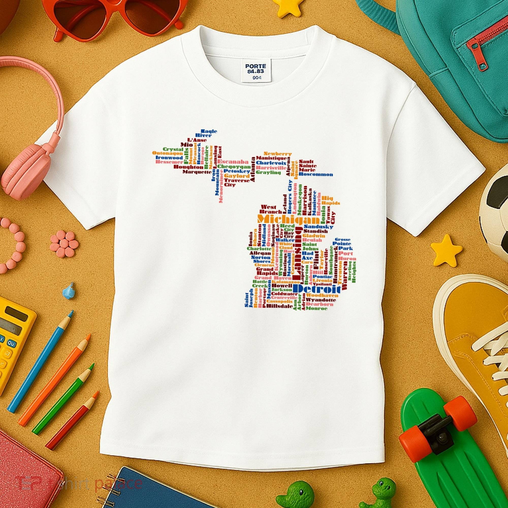 Abstract Word Cloud Map Of Michigan State Kids T-Shirt
