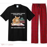A Woman Cannot Survive On Books Alone She Also Needs A Cat Pajama Set thumb 0