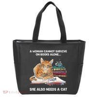 A Woman Cannot Survive On Books Alone She Also Needs A Cat Tote Bag thumb 0