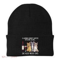 A Woman Cannot Survive On Wine Alone She Also Needs Cat Beanie thumb 0