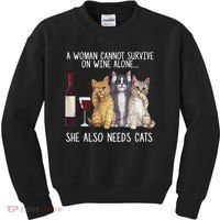 A Woman Cannot Survive On Wine Alone She Also Needs Cat Kids Sweatshirt thumb 0