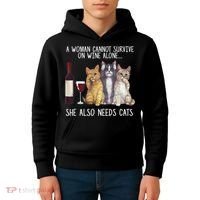 A Woman Cannot Survive On Wine Alone She Also Needs Cat Kids Hoodie thumb 4
