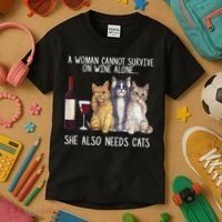 A Woman Cannot Survive On Wine Alone She Also Needs Cat Kids T-Shirt thumb 3