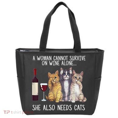 A Woman Cannot Survive On Wine Alone She Also Needs Cat Tote Bag