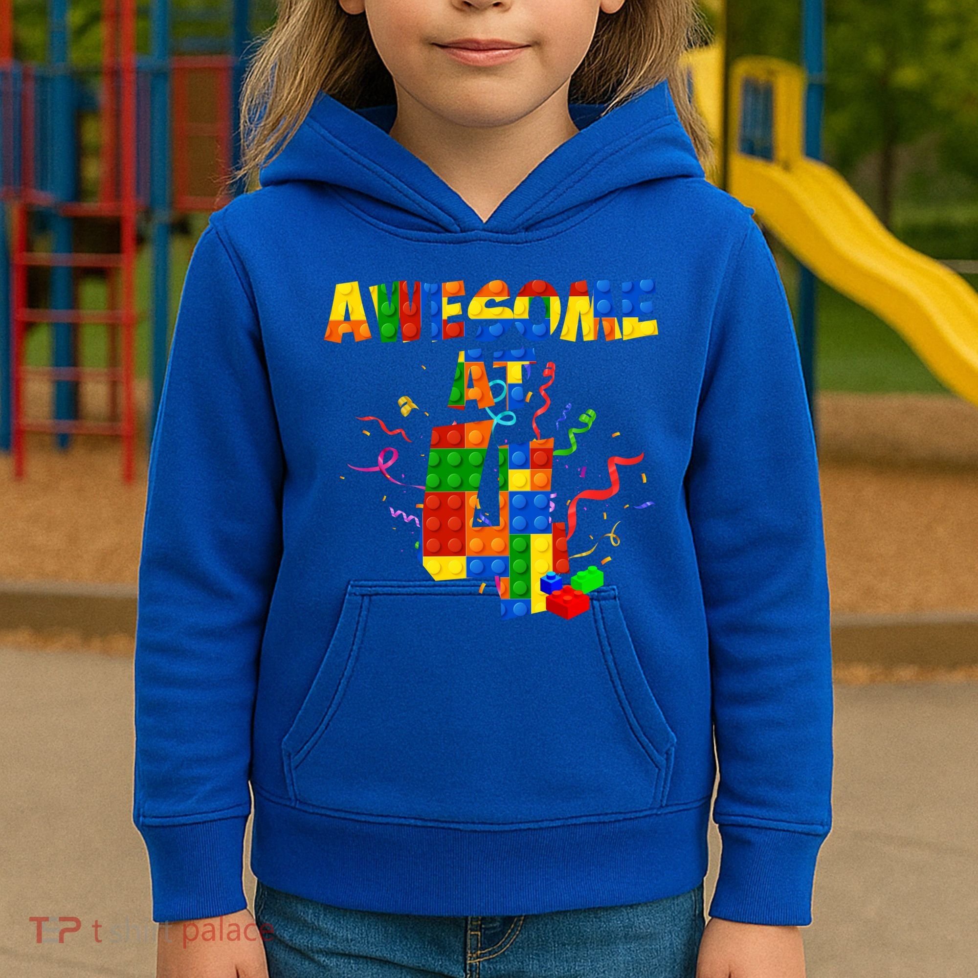 Awesome At 4 Cute Birthday Building Blocks Kids Hoodie