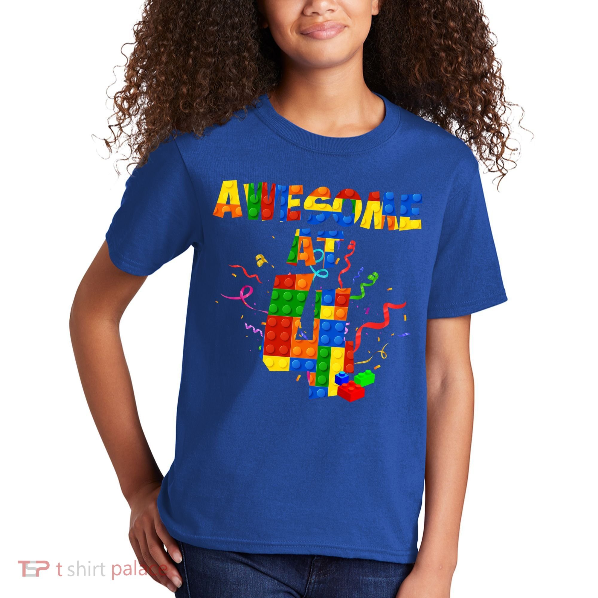 Awesome At 4 Cute Birthday Building Blocks Kids T-Shirt