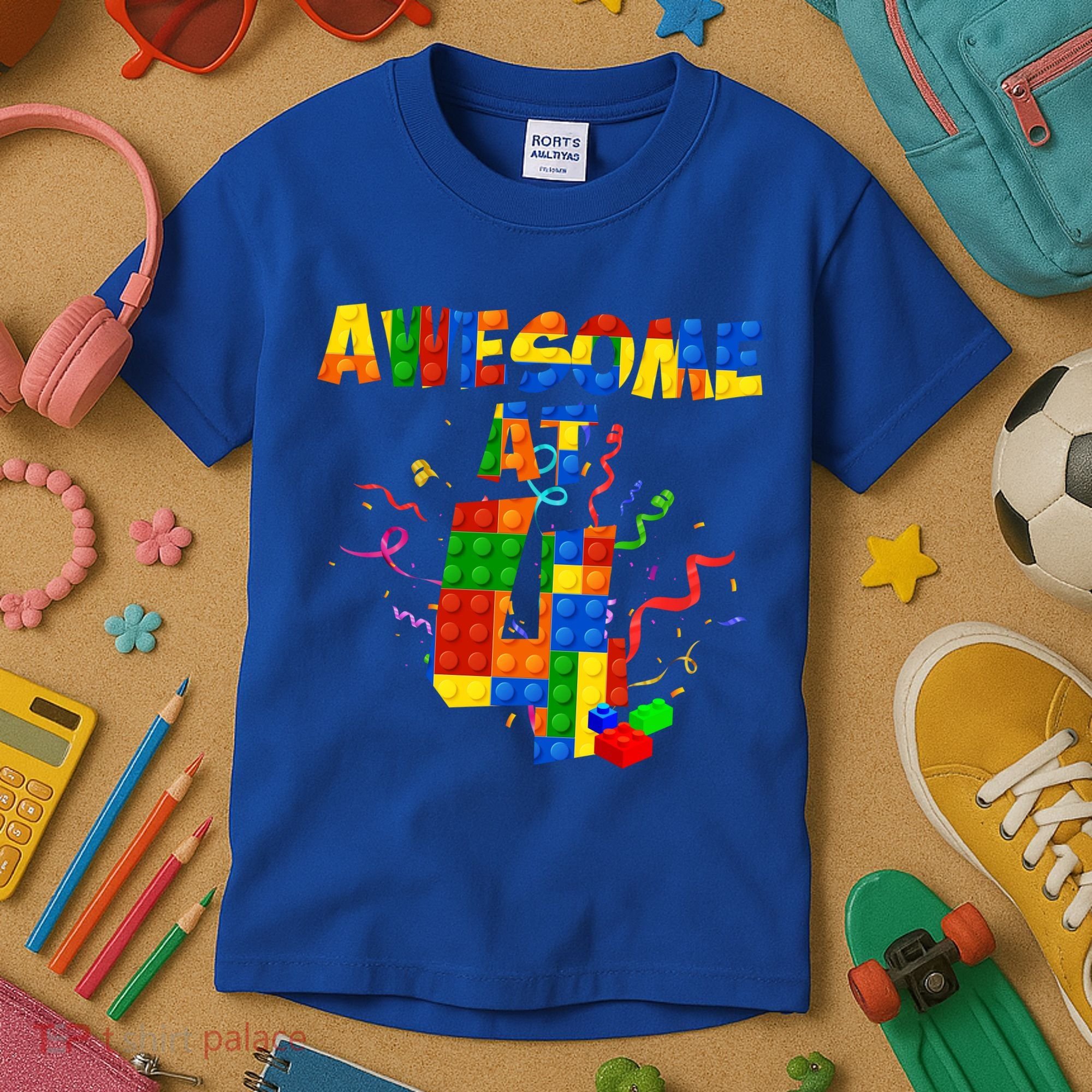 Awesome At 4 Cute Birthday Building Blocks Kids T-Shirt