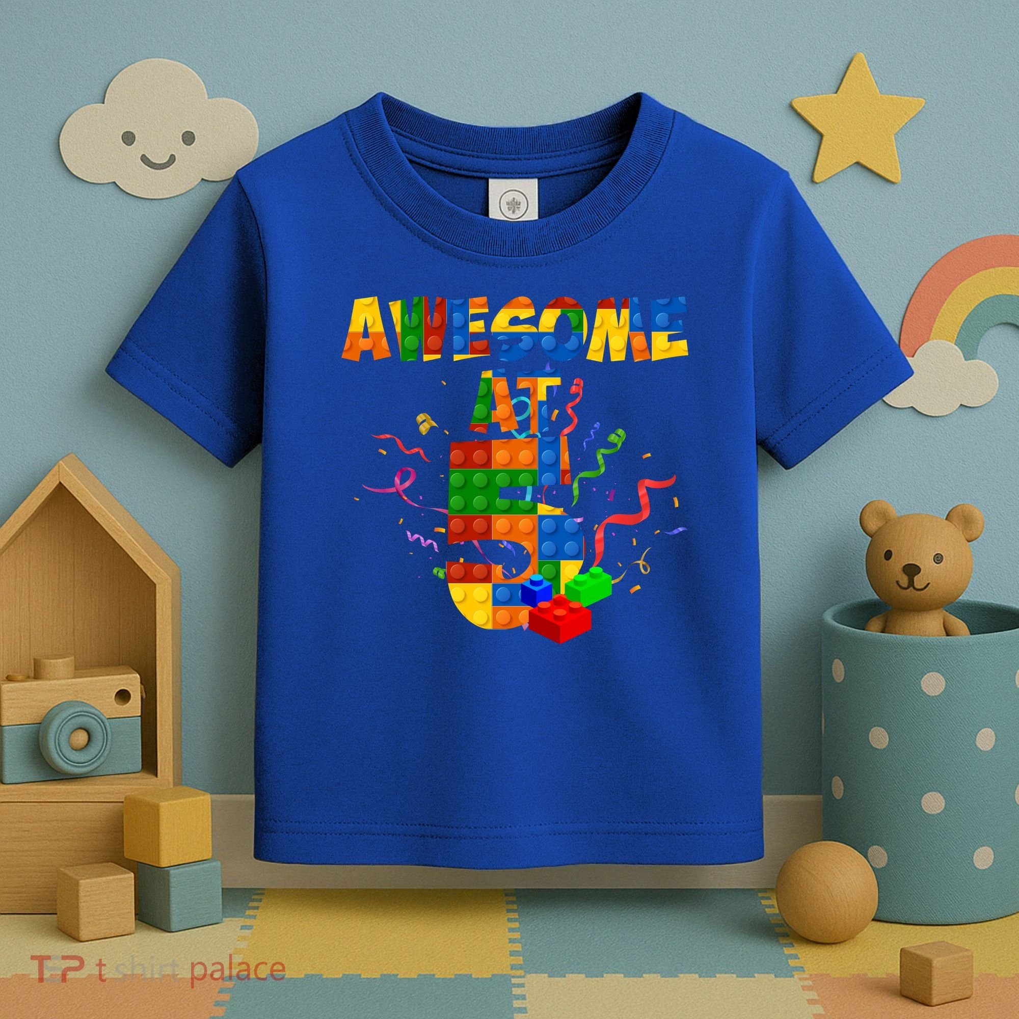 Awesome At 5 Cute Birthday Building Blocks Toddler T-Shirt