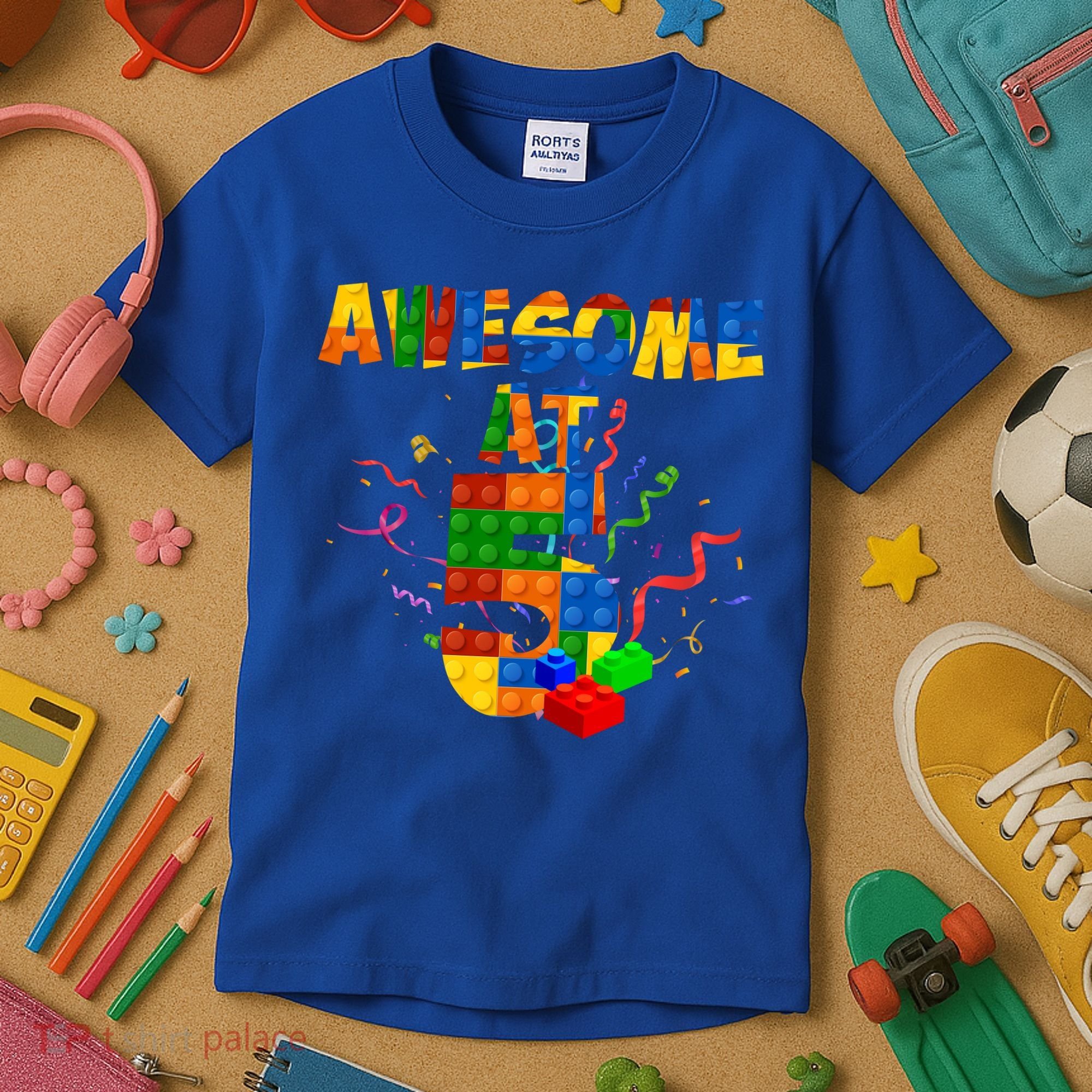 Awesome At 5 Cute Birthday Building Blocks Kids T-Shirt