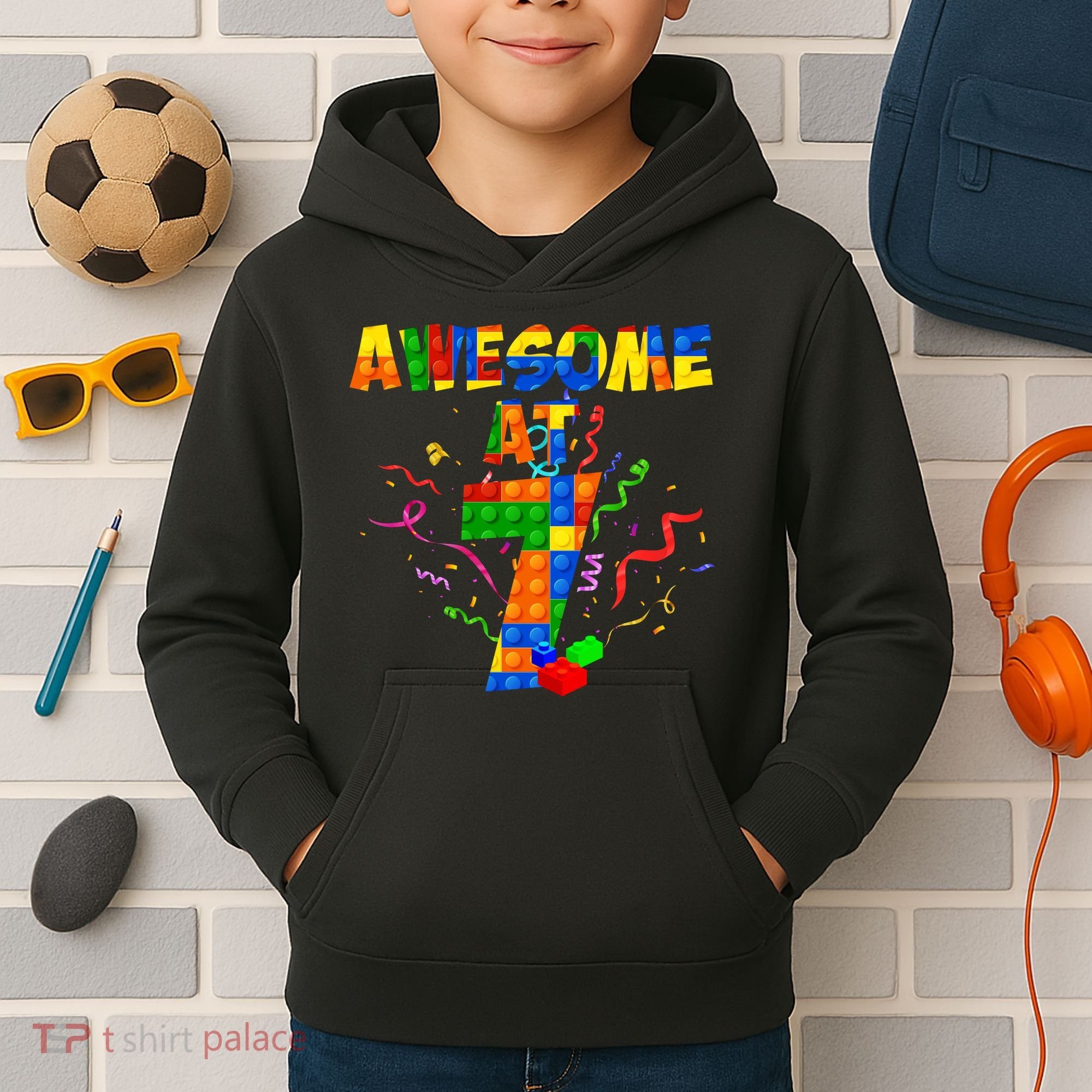 Awesome At 7 Cute Birthday Building Blocks Kids Hoodie