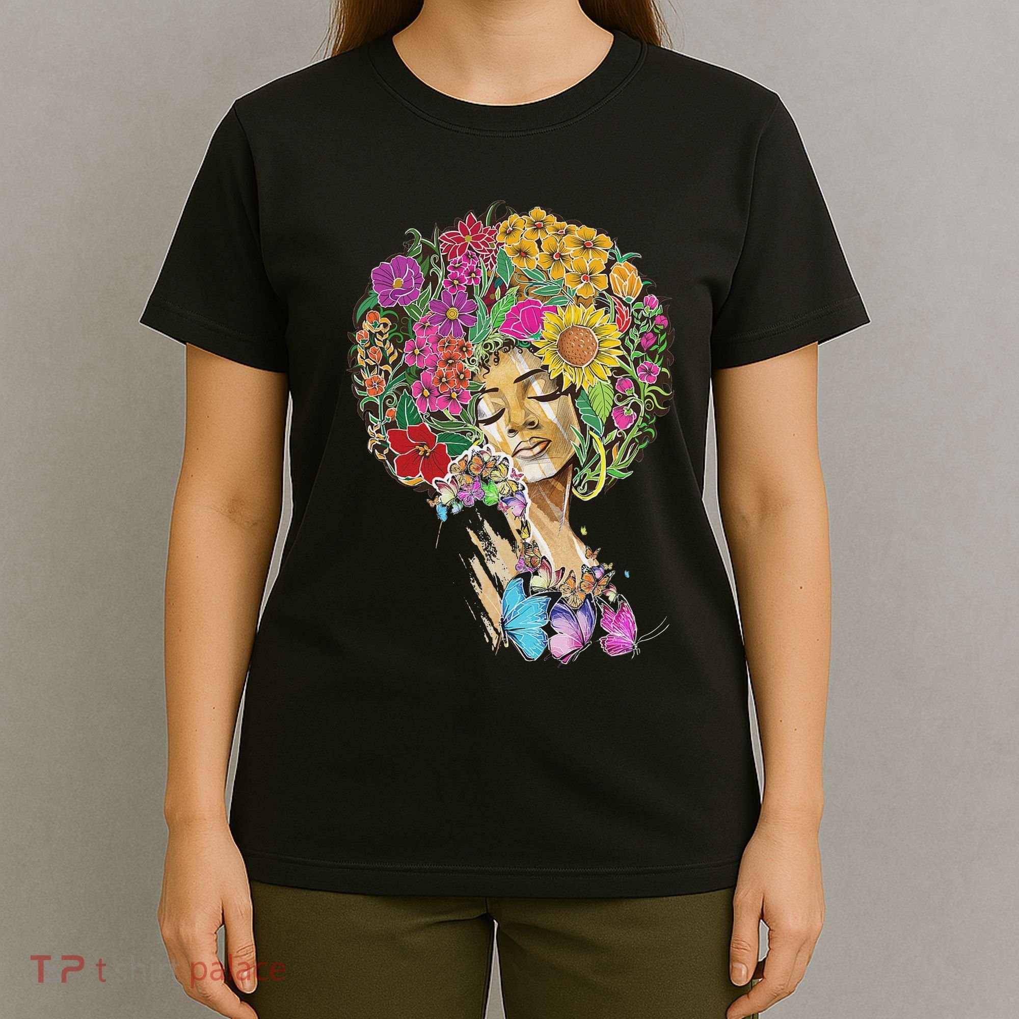 Afro Women Flowers Butterfly Latina African American Melanin T-Shirt