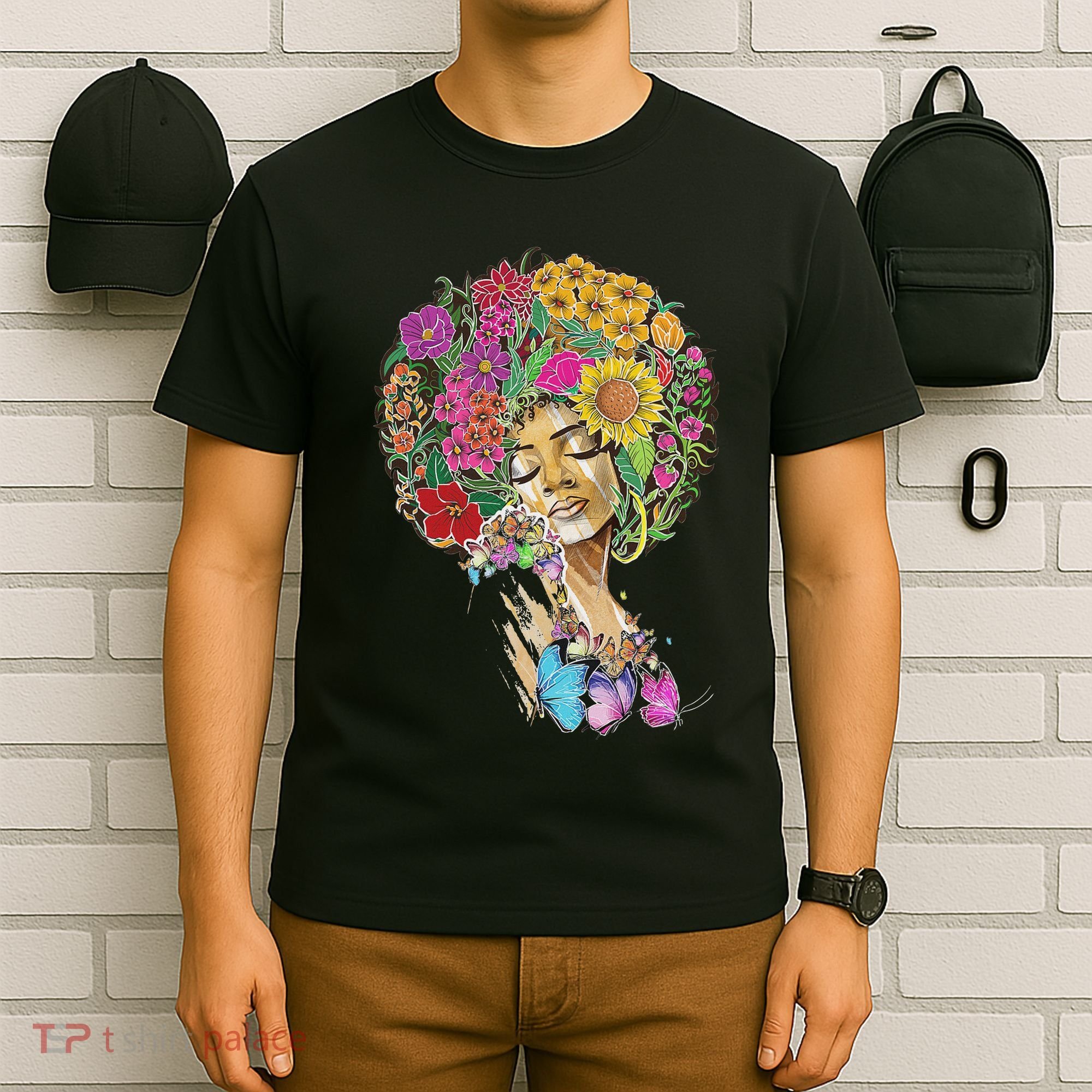 Afro Women Flowers Butterfly Latina African American Melanin T-Shirt