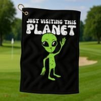 Alien Wave Just Visiting This Planet Funny Women Golf Towel thumb 1