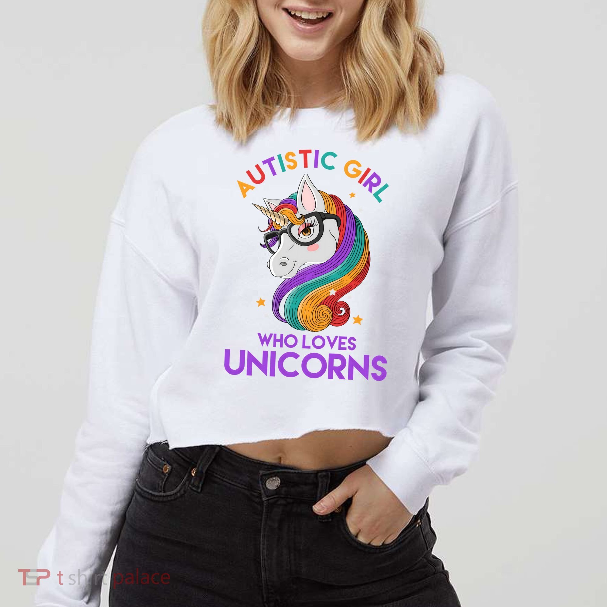 Autistic Who Loves Unicorns Cropped Pullover Crew