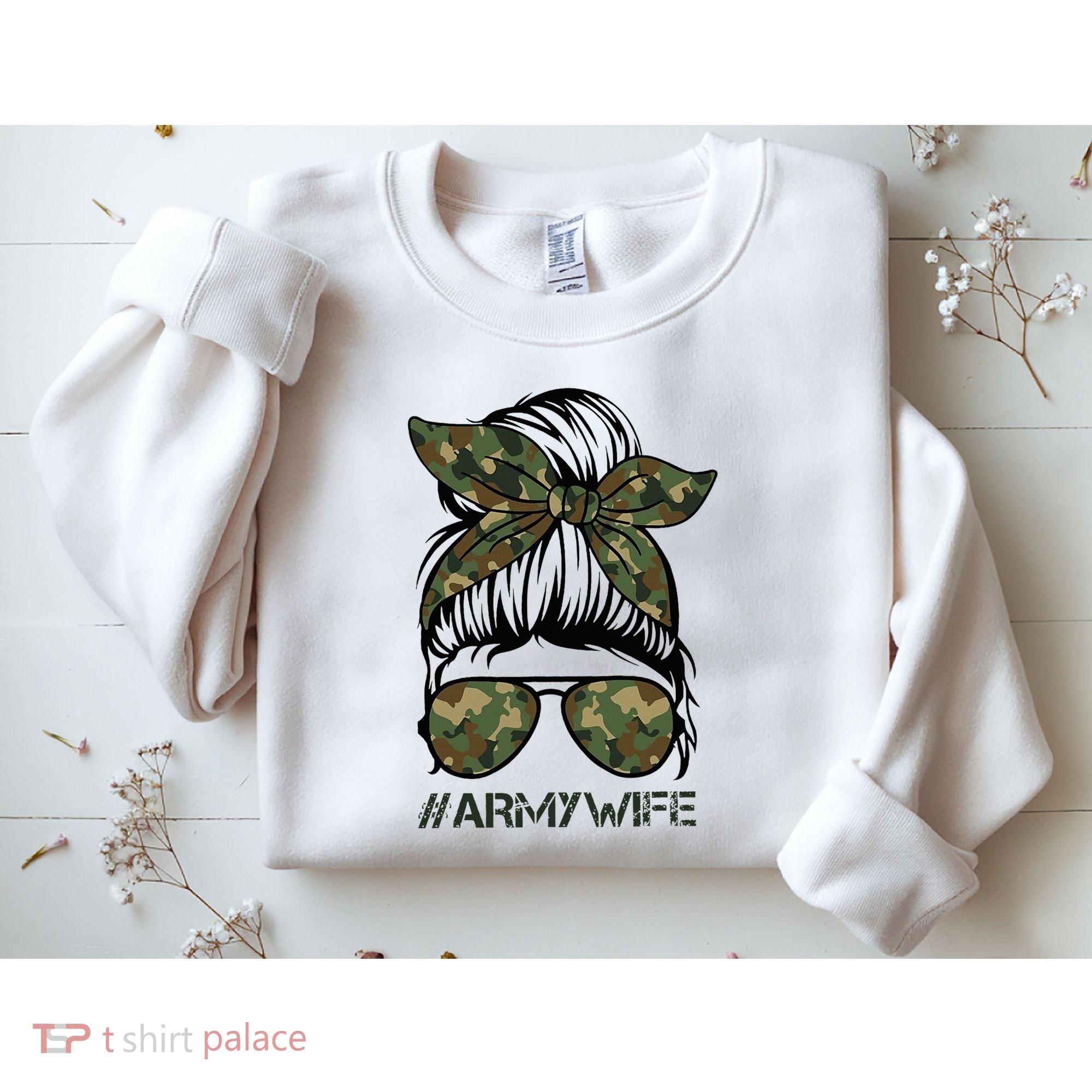 Army Wife Messy Bun Veteran Camouflage Bandana Sunglasses Sweatshirt