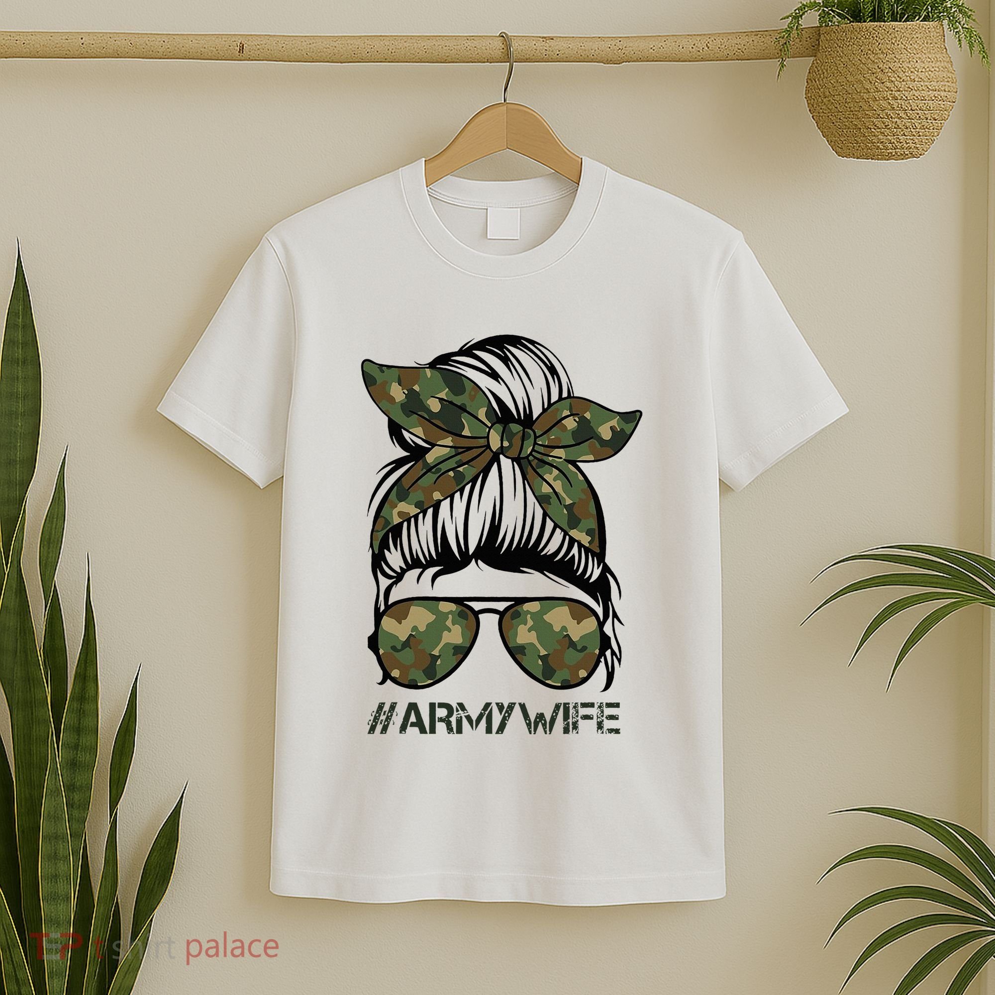 Army Wife Messy Bun Veteran Camouflage Bandana Sunglasses T-Shirt