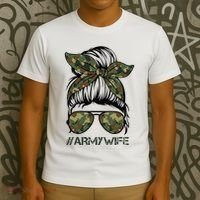 Army Wife Messy Bun Veteran Camouflage Bandana Sunglasses T-Shirt thumb 3